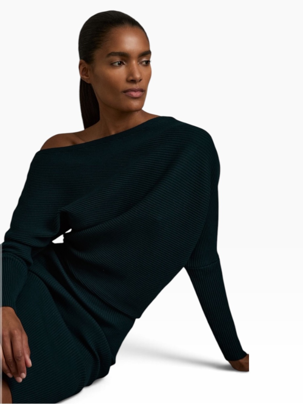 Reiss Lara Teal Ribbed Off Shoulder Batwing Knit Dress Size - Picture 9 of 14